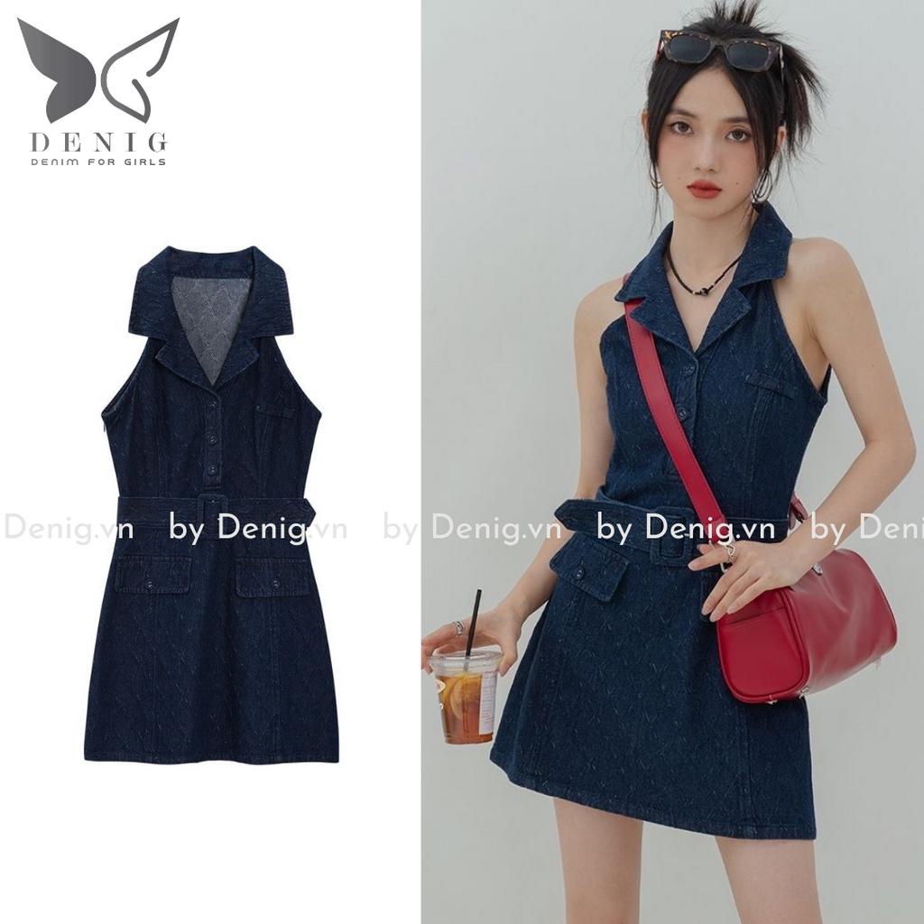 Đầm jean xước khoét nách DENIG