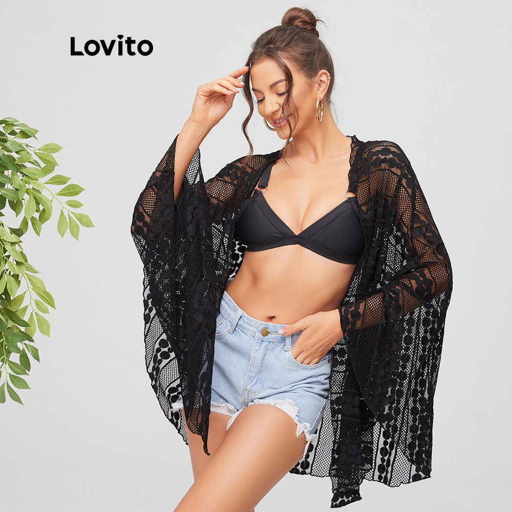 Áo lưới cánh dơi phối ren màu đen gợi cảm cho nữ Lovito L11120