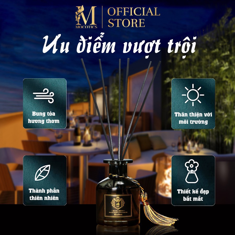 Tinh dầu thơm phòng Mocotics que gỗ tự khuếch tán mùi hương khử mùi lọ thuỷ tinh đen tua rua sang trọng 50ML - LF253