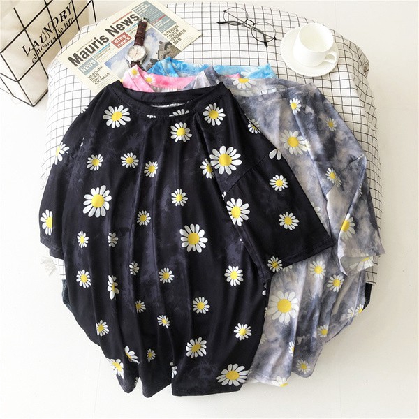 Áo Thun Tay Lỡ Dáng Rộng Họa Tiết Hoa Cúc Nhuộm Màu Dễ Thương Phong Cách Harajuku Hàn Quốc Thời Trang Cho Nữ HGD1