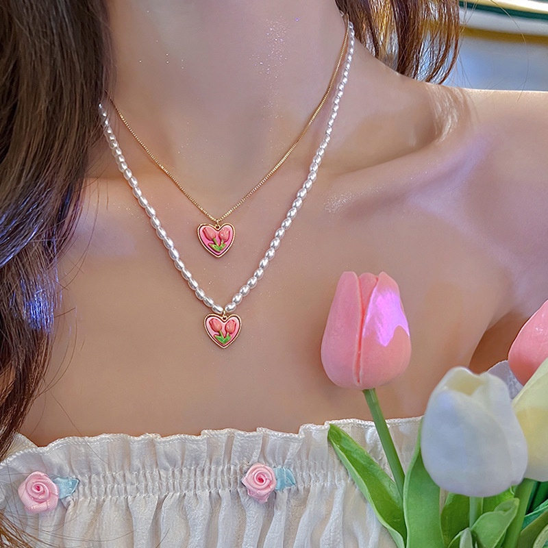 Vòng cổ Mặt Hoa Tulip Đính Ngọc Trai Màu Hồng