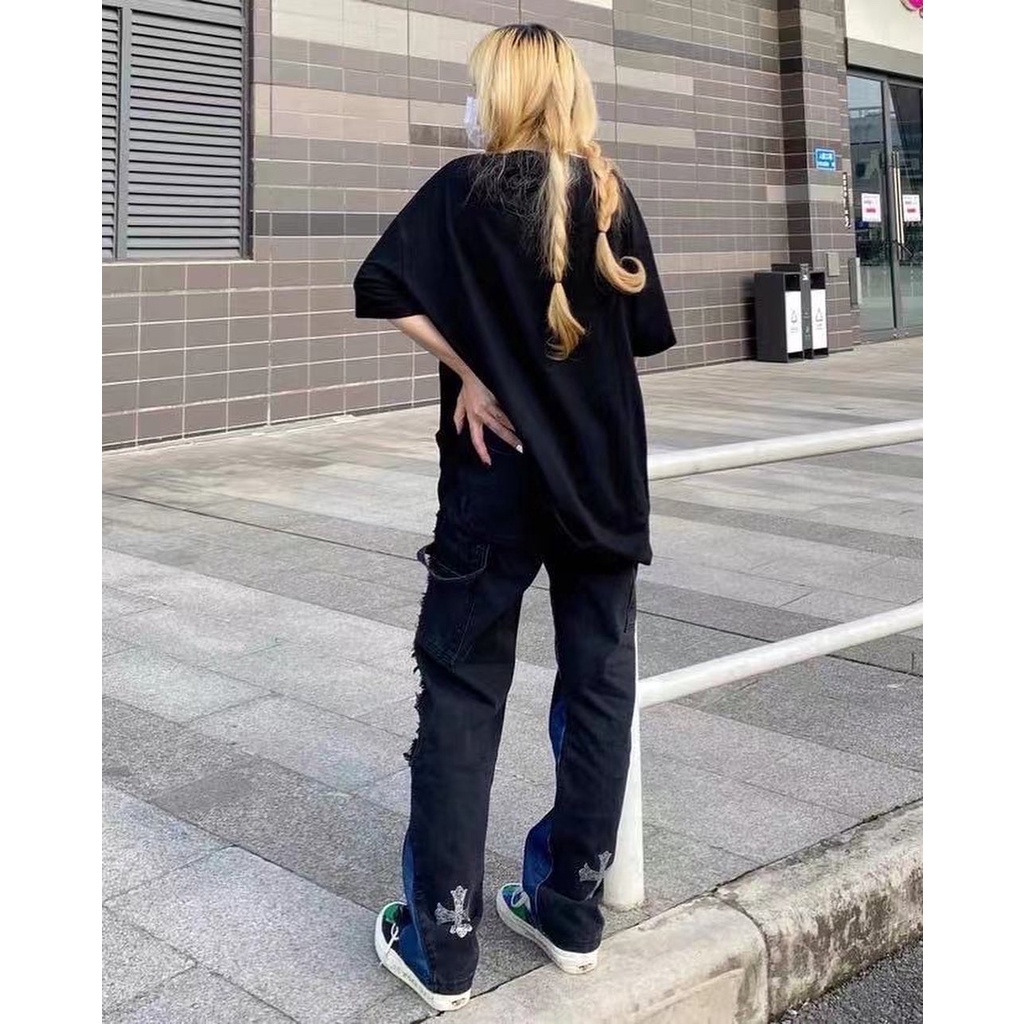 Quần jean ống rộng unisex thánh giá thêu hiphop