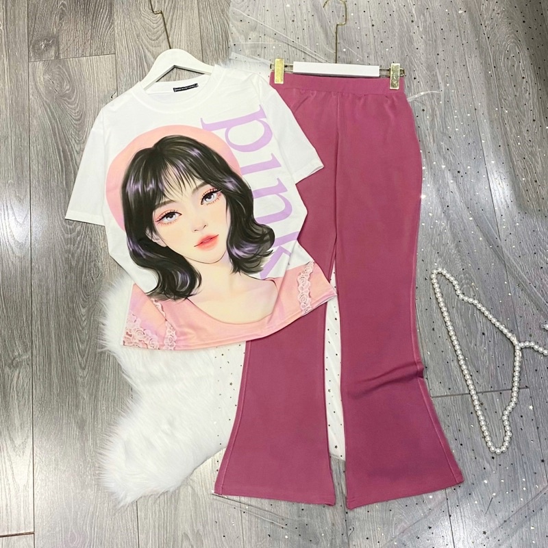 Set áo thun form rộng tay lửng quần ống loe form dày mịn siêu co giãn thoải mái