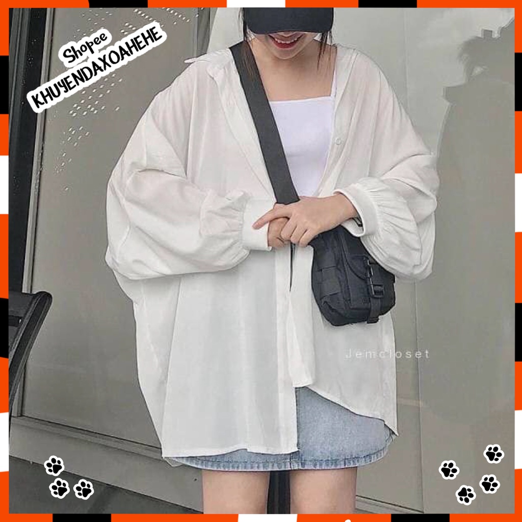 A017 Áo sơ mi nữ trắng tay bồng oversize dáng rộng cute Hàn Quốc, áo chống nắng form to freesize trẻ trung dễ thương