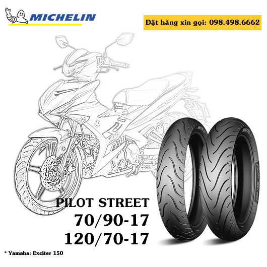 Lốp (vỏ) xe Exciter 150 trước 80/90-17 TL + Sau 120/70-17 TL Michelin Pilot Street chính hãng _ Lốp Trung Thành