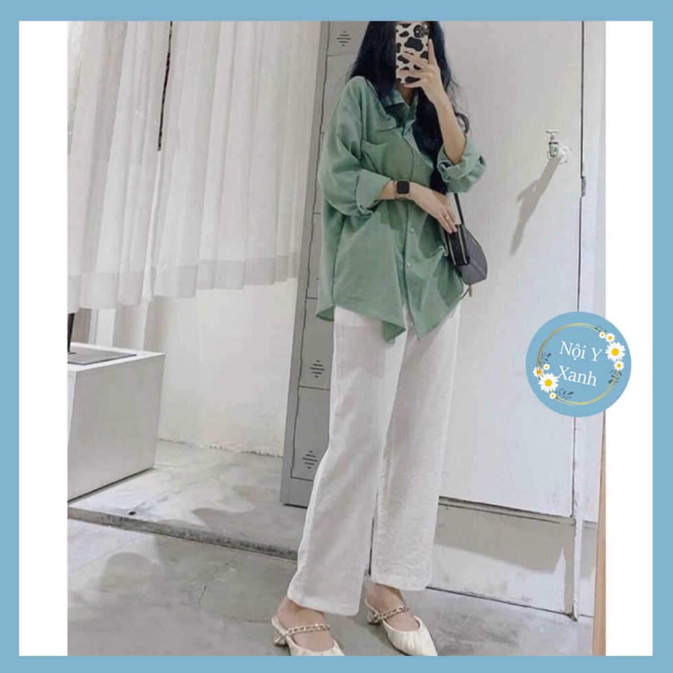 Bộ áo sơ mi đũi xanh be trắng dài tay kèm quần kaki trắng from thụng nội y xanh chất mềm