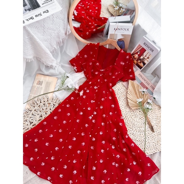 ĐẦM ĐỎ HOA NHÍU NGỰC MIDI