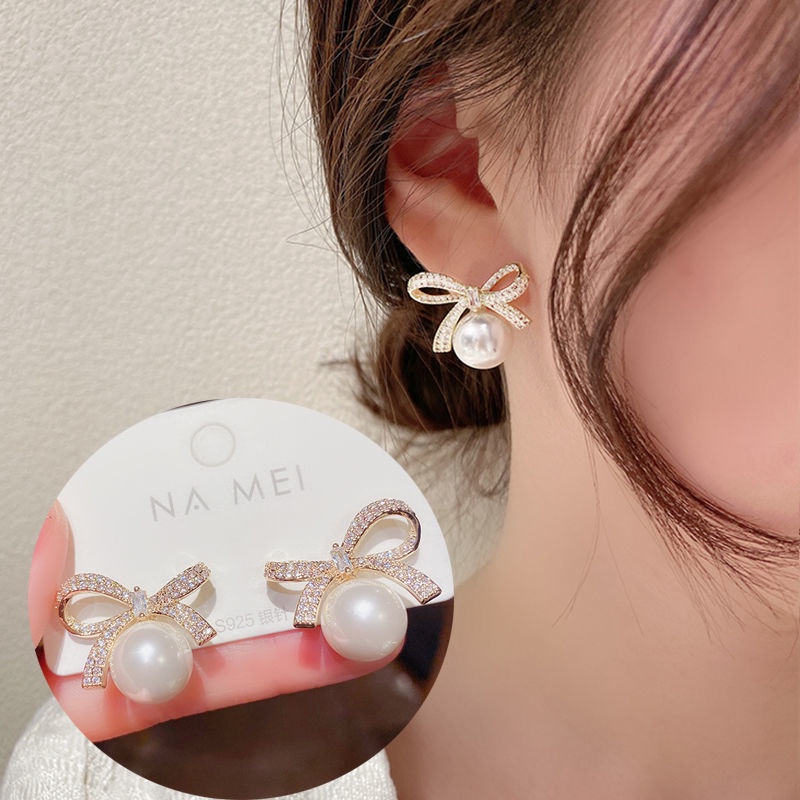 Bông Tai Mạ Bạc 925 Hình Nơ Đính Ngọc Trai Nhân Tạo Phong Cách Hàn Quốc