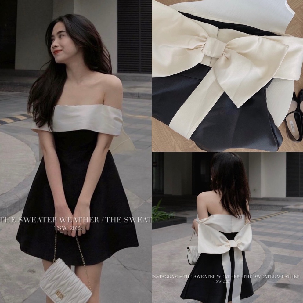 Váy trễ vai nơ lưng chất tafta có sẵn đệm mút, đầm thiết kế dự tiệc, event