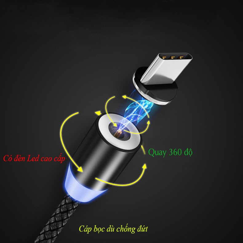 Cáp sạc từ hút nam châm đầu Iphone | micro USB | Type C xoay 360 độ dây dù,có LED cao cấp