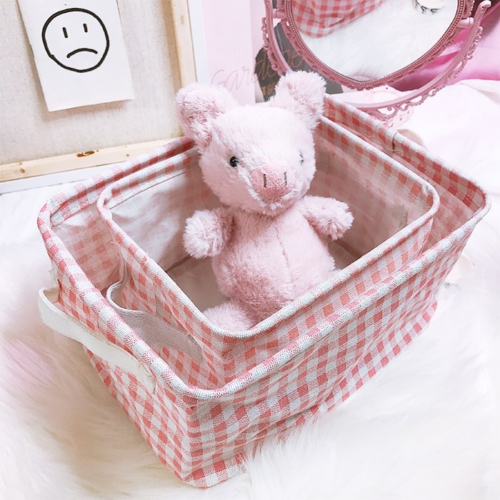 Giỏ vải để bàn đựng đồ cá nhân caro hồng zakka