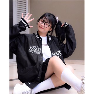 Áo khoác BOMBER dù đen bóng chày sọc trắng chữ thêu (hình thật)