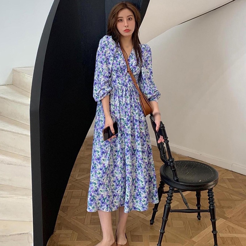 Đầm hoa tay dài cổ chữ V thời trang thanh lịch cho nữ