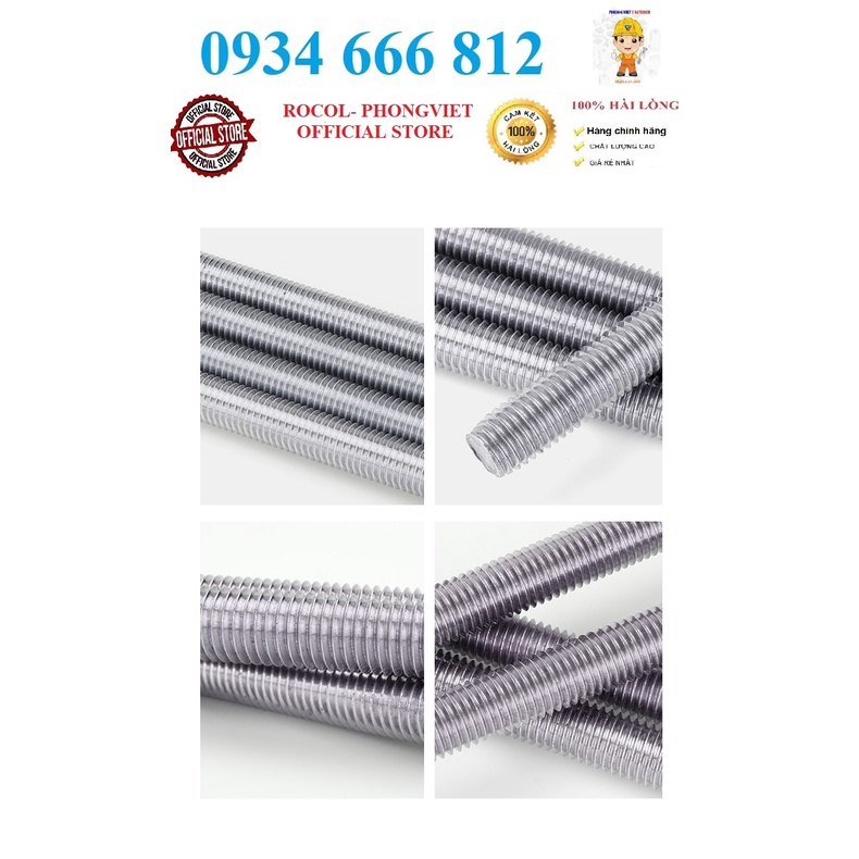 1m Thanh ren inox304 M4, M5, M6, M8, M10,M12
