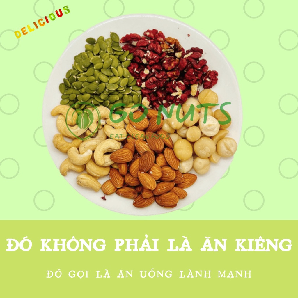 Mix 5 loại hạt dinh dưỡng 500g GO NUTS Hạnh nhân, Macca, Óc chó, Hạt điều, Bí xanh, Ngũ cốc dinh dưỡng hỗ trợ giảm cân