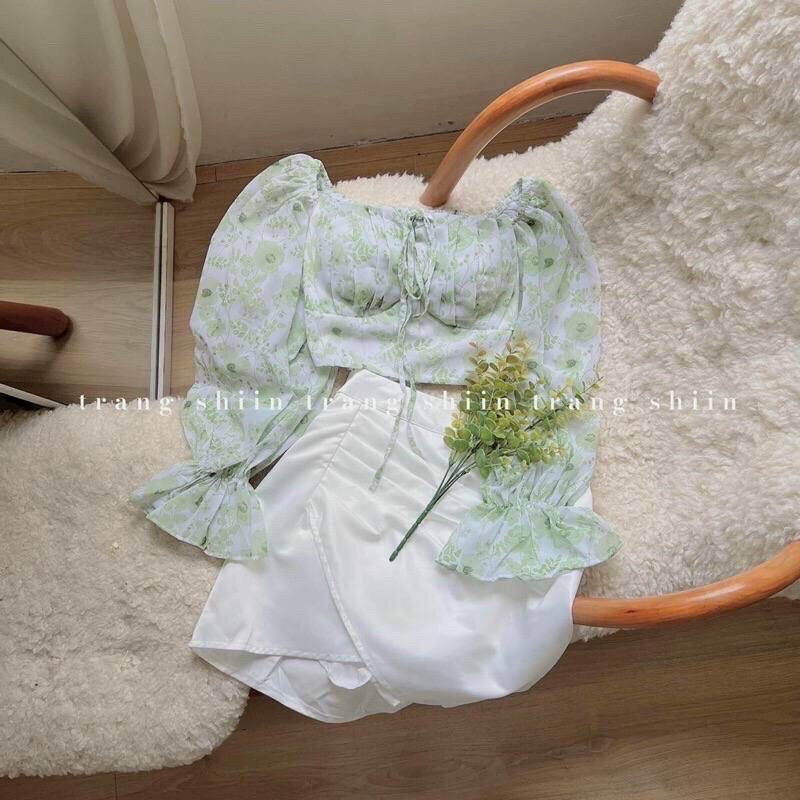 SET ÁO HOA DÂY XANH CHÂN VÁY TRẮNG VẠT