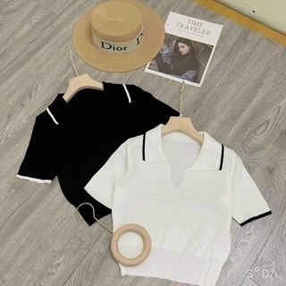 |cuahangjeans| Áo len cổ bẻ kẻ viền trắng, đen