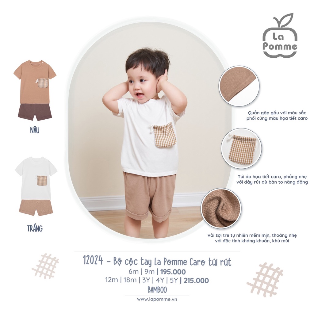 Bộ La Pomme cộc tay chất Bamboo cao cấp mềm mịn thoáng mát thấm hút tốt trơn phối túi rút caro cho bé trai bé gái 12024