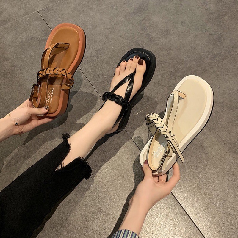 D69- Sandal xỏ ngón quai đan đế cao thời trang nữ