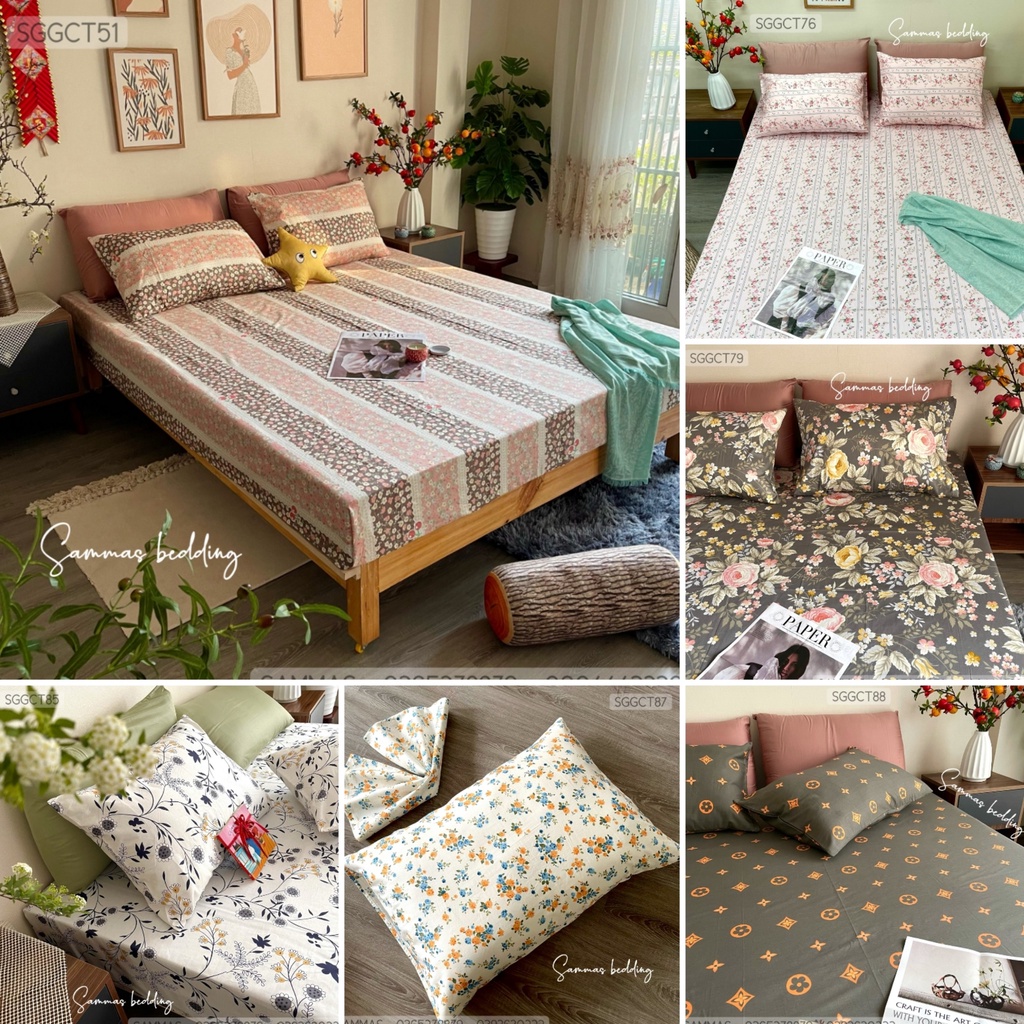 Set Ga Gối 3 Món Cotton 100%, Bộ Drap Giường HOA NÂU Kèm Vỏ Gối Thoáng Mát