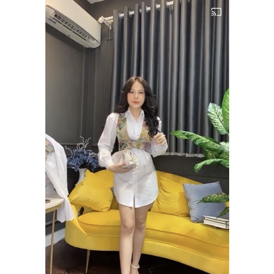 Set sơ mi kèm yếm vải gấm hotgirl