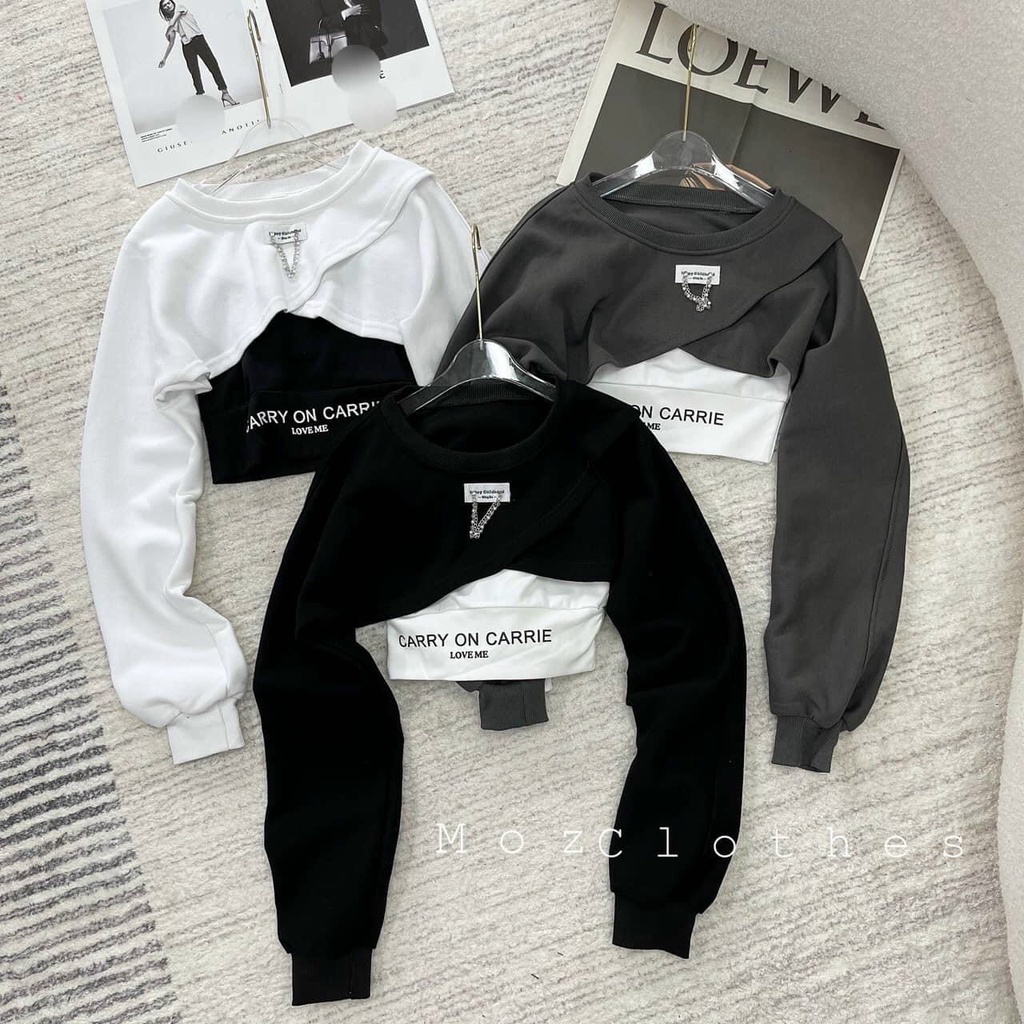 áo tay dài kiểu 2 lớp phối croptop in chữ áo ngoài phối xích đẹp