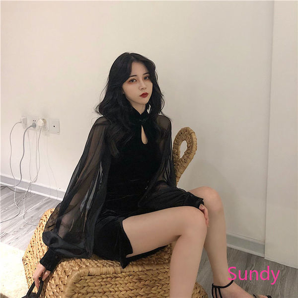Đầm nhung sườn xám tay dài thời trang cho nữ