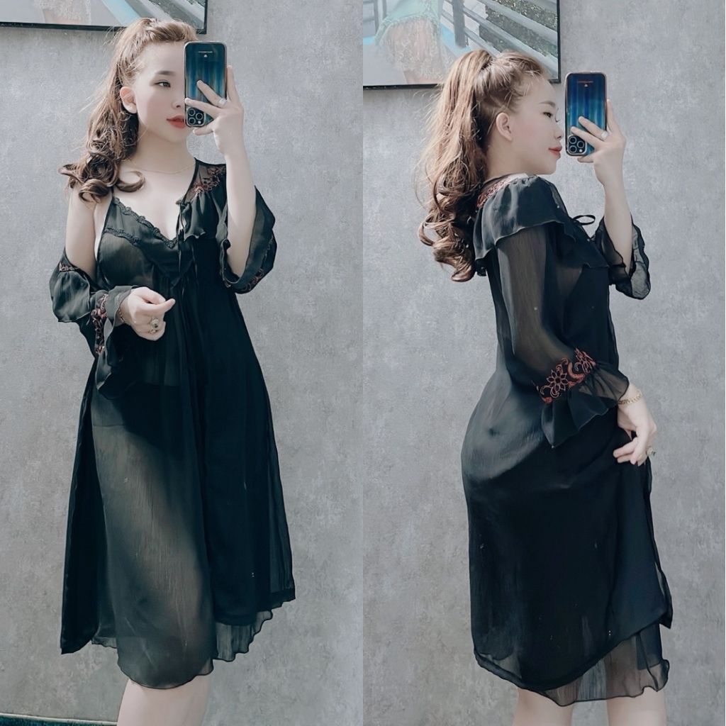 Váy ngủ áo choàng MIKY,Đầm ngủ sexy lụa Chiffon Chất Siêu Mát Dáng Siêu Xinh <80kg