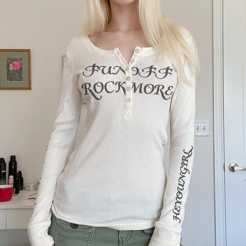 Áo Sơ Mi Dài Tay Cổ Chữ U In Chữ Thời Trang Dành Cho Nữ