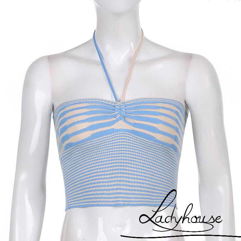 LDD-Women´s Halterneck Tank Tops, Sleeveless Stripe Printed Slim Fit Summer Knitted Tanks, One Size