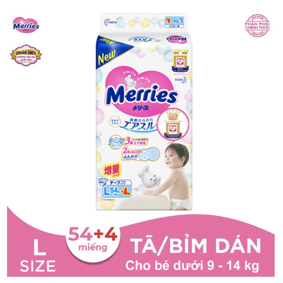 Tã/bỉm dán Merries size L - 54 + 4 miếng (Cho bé dưới 9-14 kg)