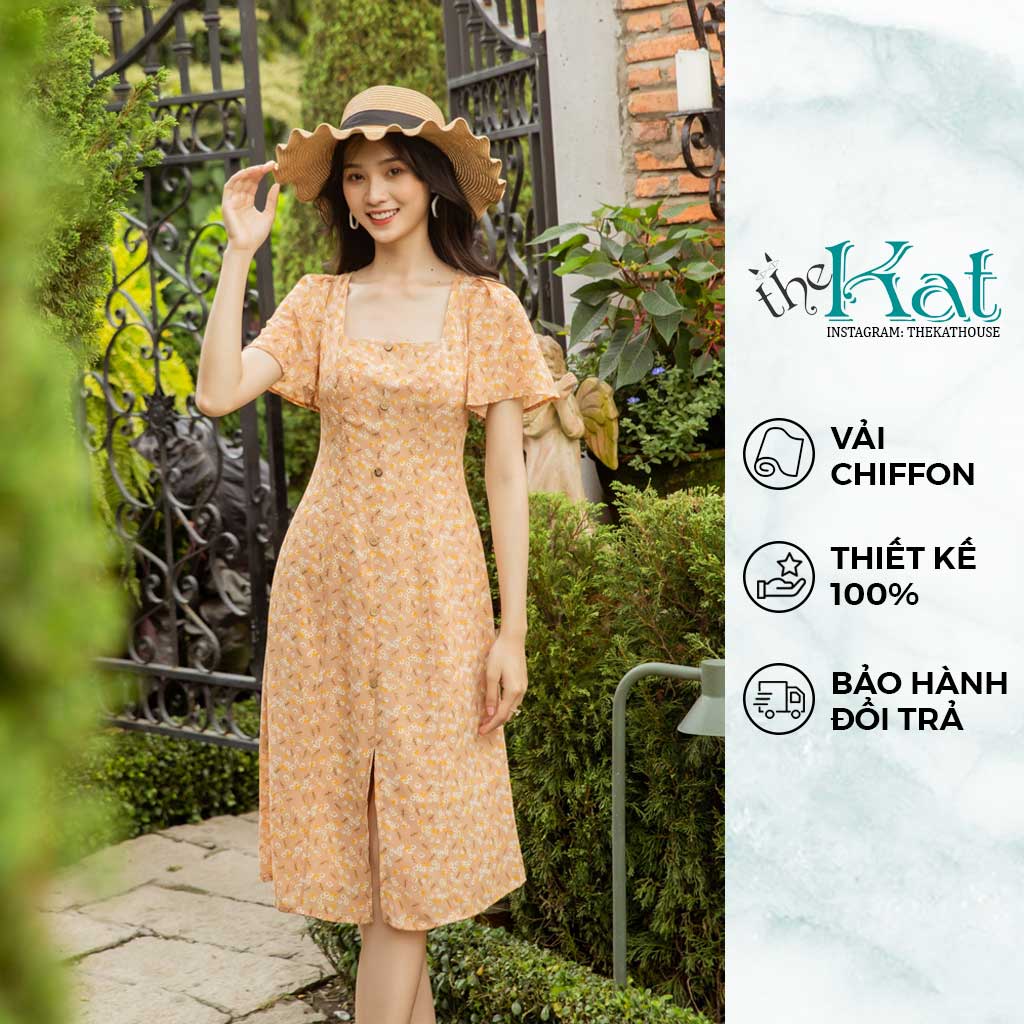 Đầm Hoa Cổ Vuông Xẻ Tà Giữa The Kat House, vải chiffon hoa, mát, ít nhăn, nhiều size, nhiều màu