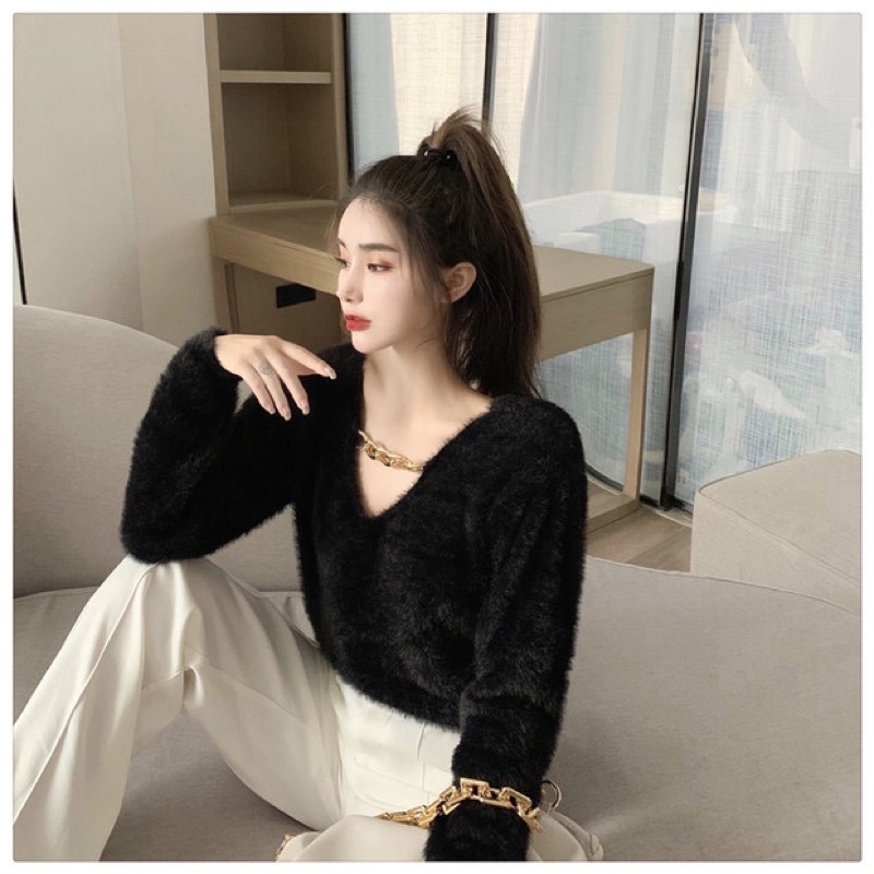 Áo len lông thỏ kèm dây xích ( sẵn đen ) | BigBuy360 - bigbuy360.vn