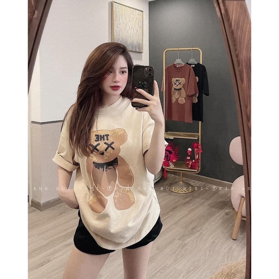 Áo thun tay lỡ unisex form rộng 3158 - áo thun nam nữ Bingshop 3 màu in gấu