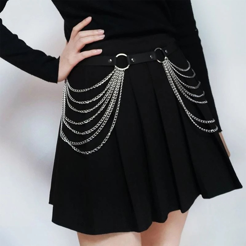 Thắt Lưng Màu Đen Phối Dây Xích Phong Cách Punk Cá Tính