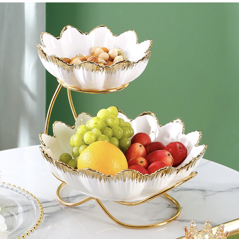 Khay Đựng Trái Cây Gốm Sứ, Đĩa Trái Cây, Kệ Đựng Trái Cây 2 Tầng Màu Xanh, Màu Trắng