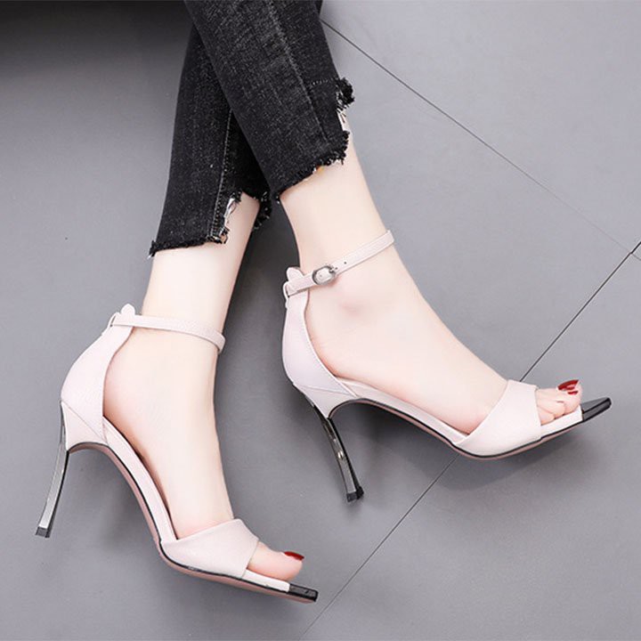 Giày sandal cao gót nữ quai ngang phối mũi sắt gót kim loại -Giày cao gót 9,5cm - Giày nữ da mềm gồm 2 màu - Linus LN301