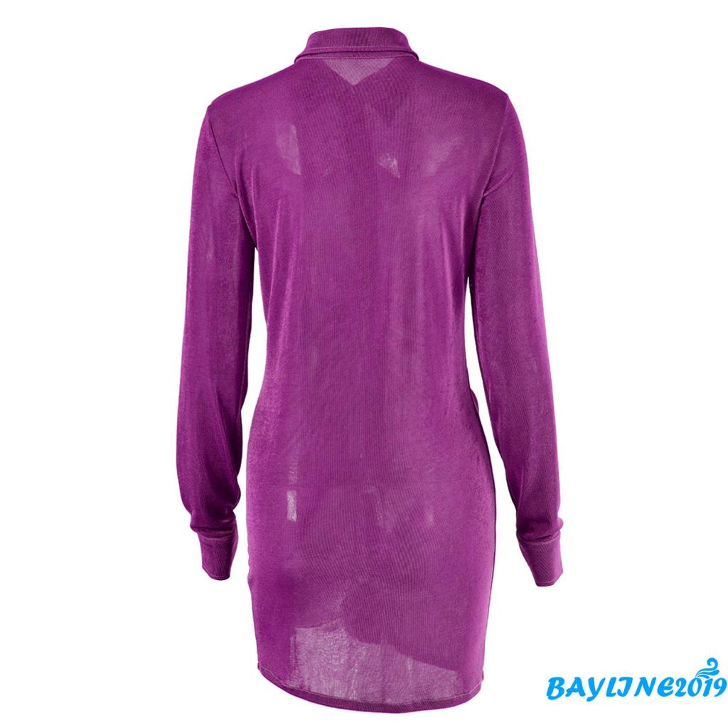 Đầm Cổ Bẻ Tay Dài Màu Trơn Thời Trang Mùa Hè Dành Cho Nữ Size S/M/L