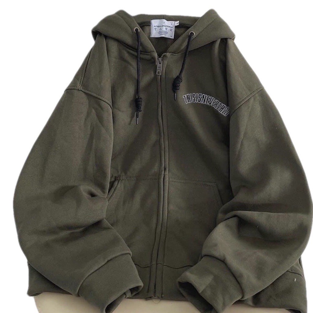 Áo Khoác Dây Kéo Form Rộng Xanh Rêu NEVERTHAT Nỉ Bông Cao Cấp Unisex Nam Nữ