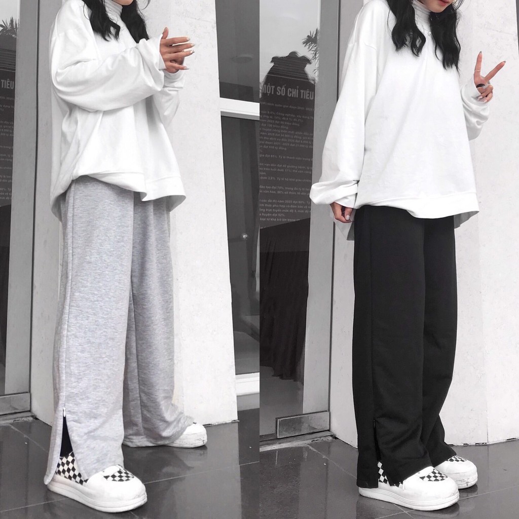 Quần Nỉ Ống Rộng Phối Dây Kéo CANI PANTS Dáng Suông Ulzzang (Đen/Xám)
