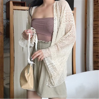 【HUAER】Áo khoác cardigan phối ren tay dài màu trơn thanh lịch cho nữ