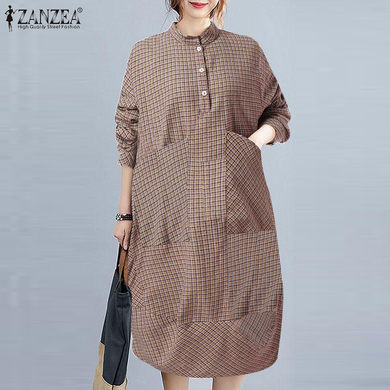 Đầm midi ZANZEA dáng rộng tay dài họa tiết kẻ sọc caro phong cách retro cho nữ