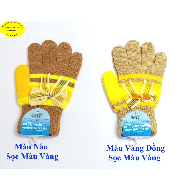 Găng tay len Bao tay len Nữ Bít ngón Sọc ngang Gắn nơ Nhãn SUN-G Len Acrylic Chống nắng Giữ ấm Bảo vệ da tay Sx tại VN