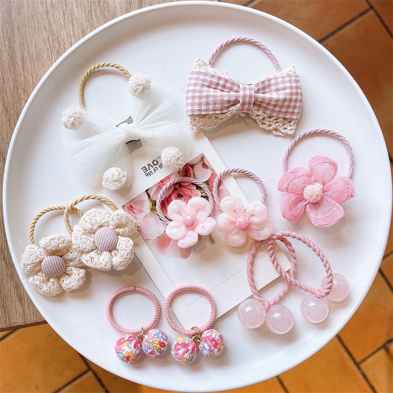 Set 10 Dây Buộc Tóc Co Giãn Phối Ren Hoa Hoạ Tiết Hoạt Hình Thời Trang Dễ Thương Cho Bé Gái