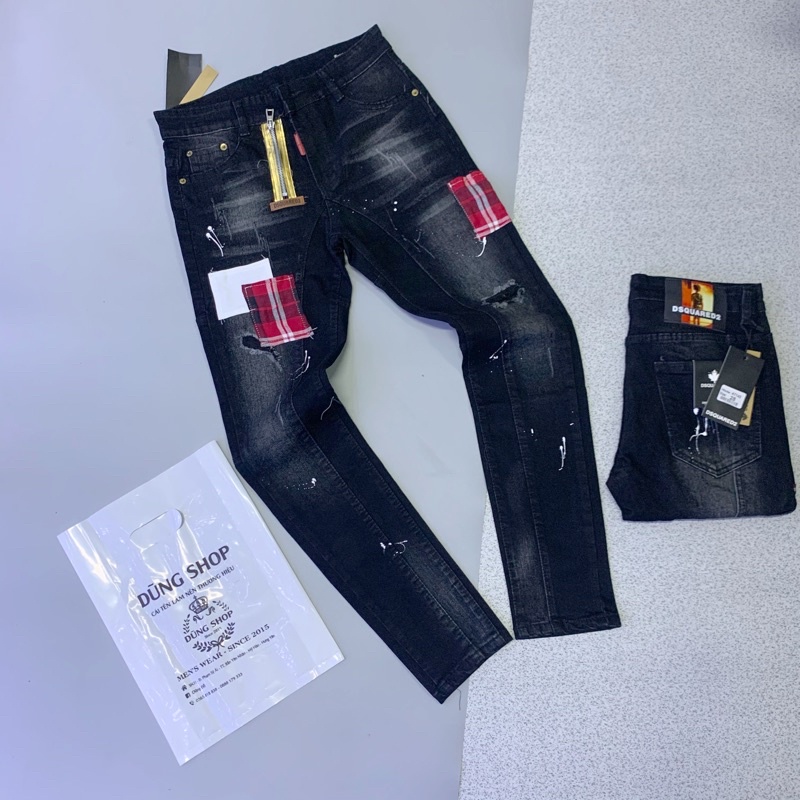 Quần Jean vá ô đỏ khoá lệch QJ05