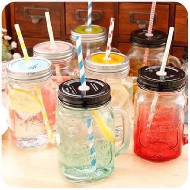 Cốc Thuỷ Tinh Có Nắp Cắm Ống Hút Và Tay Cầm 480ML, 350ML