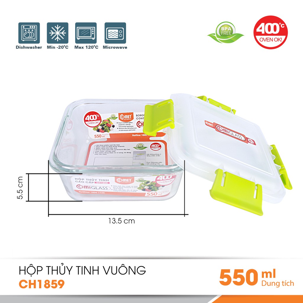 Combo 3 hộp thực phẩm thuỷ tinh Comet CH1859 - 550ml