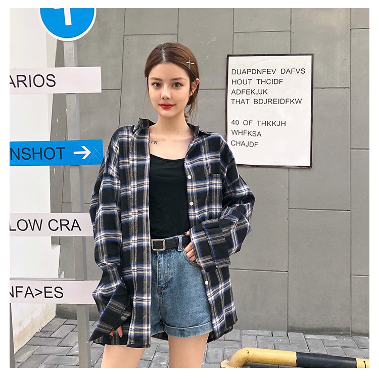 SUXI Áo sơ mi caro dáng rộng thời trang cho nữ