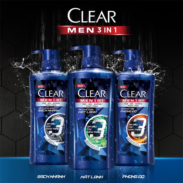 Dầu Tắm Gội Clear Men 3 Trong 1 (630g)