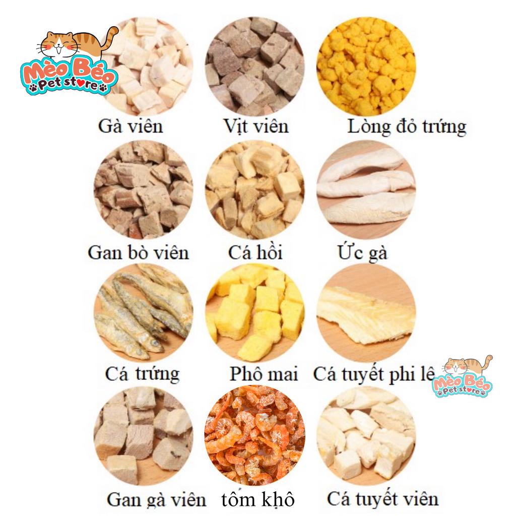 Đồ ăn sấy khô thức ăn đông khô cho chó mèo mix 11 loại thịt gà viên, gan sấy, chim cút, thịt miếng, trứng gà, tôm